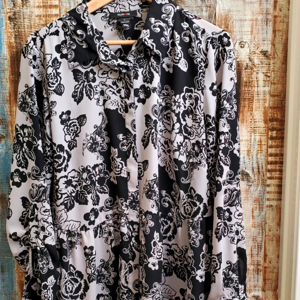 Style&Co., Large Floral Long Sleeve Blouse, Black and Gray